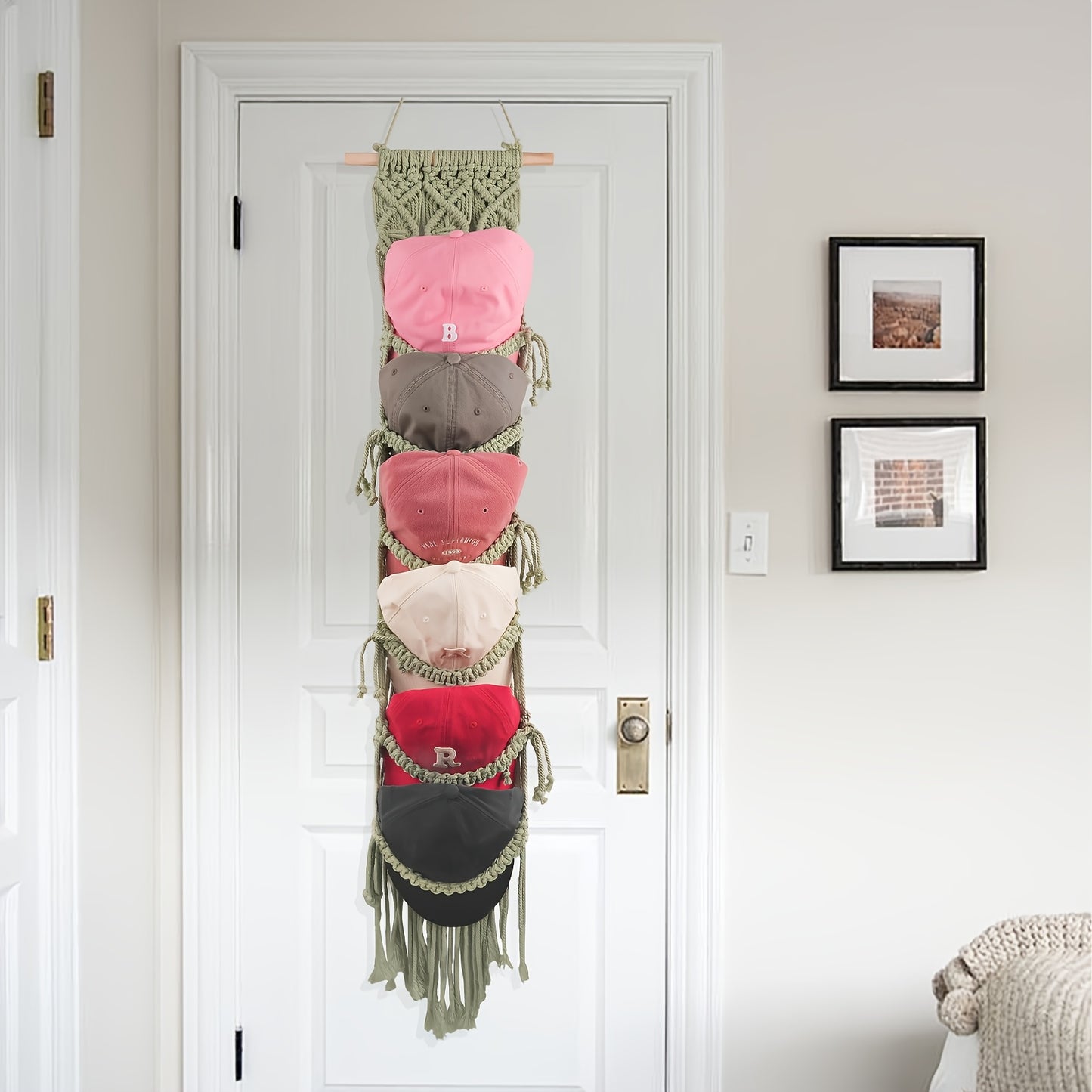 Wooden Wall Mount Hat Rack With Macrame Tassels Foldable