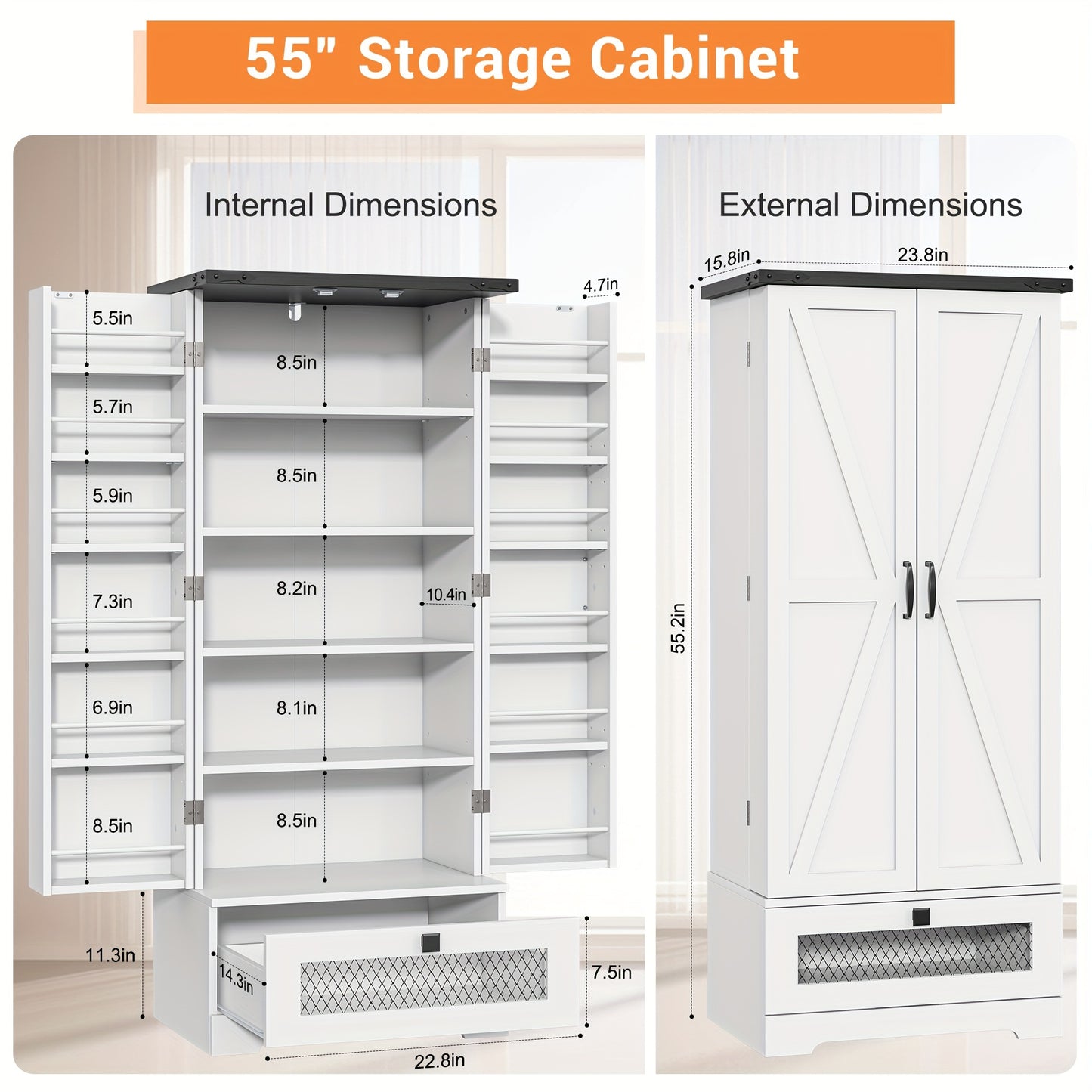 55 Inch Wooden Pantry Cabinet With Shelves And Drawer