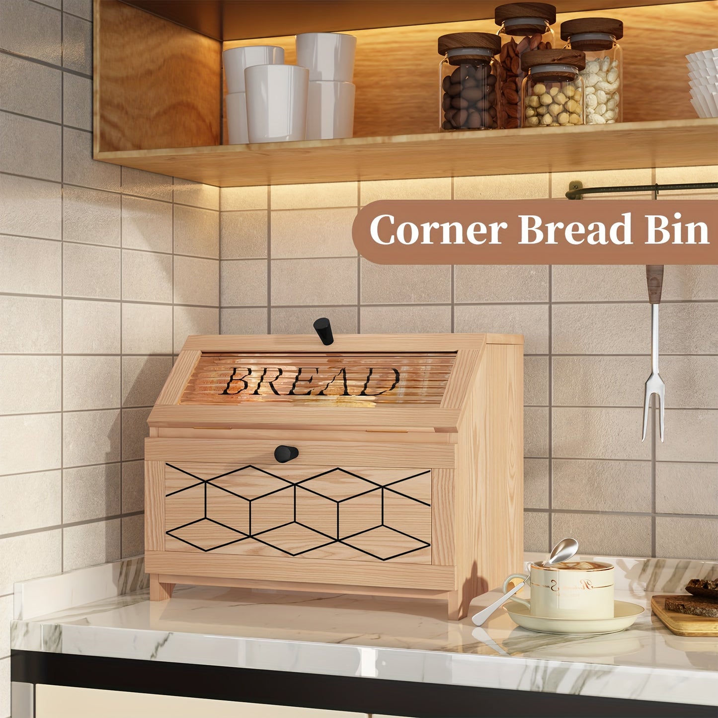 Golden Trim Wooden Bread Box For Kitchen Countertop Storage