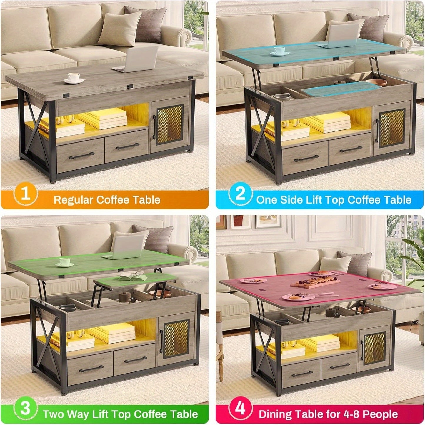 40 In Lift Top Coffee Table With Storage Drawers LED Light