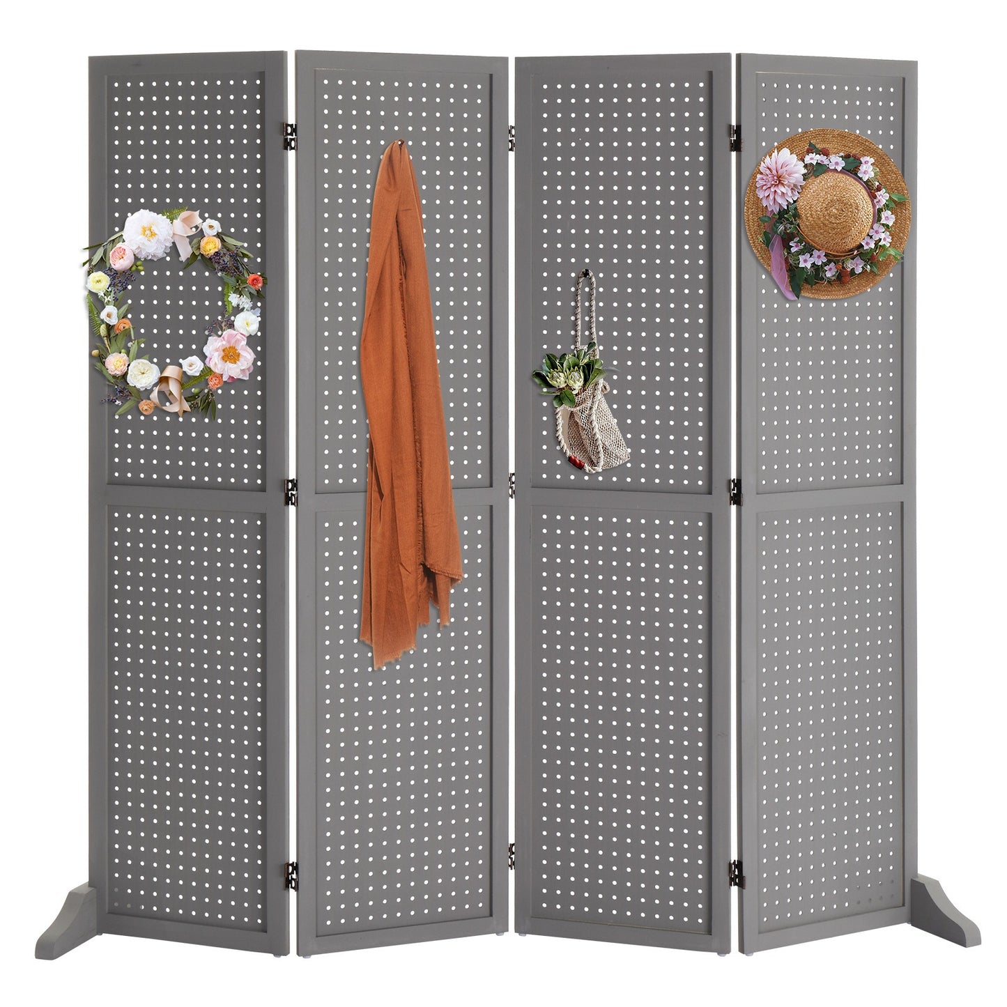 5 Ft Wood Freestanding Pegboard Room Divider Organizer
