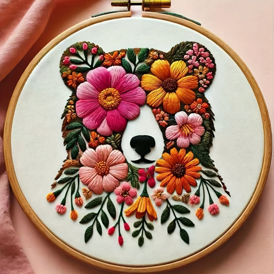 Vibrant Floral Embroidery Kit Bear And Flower Black Outline