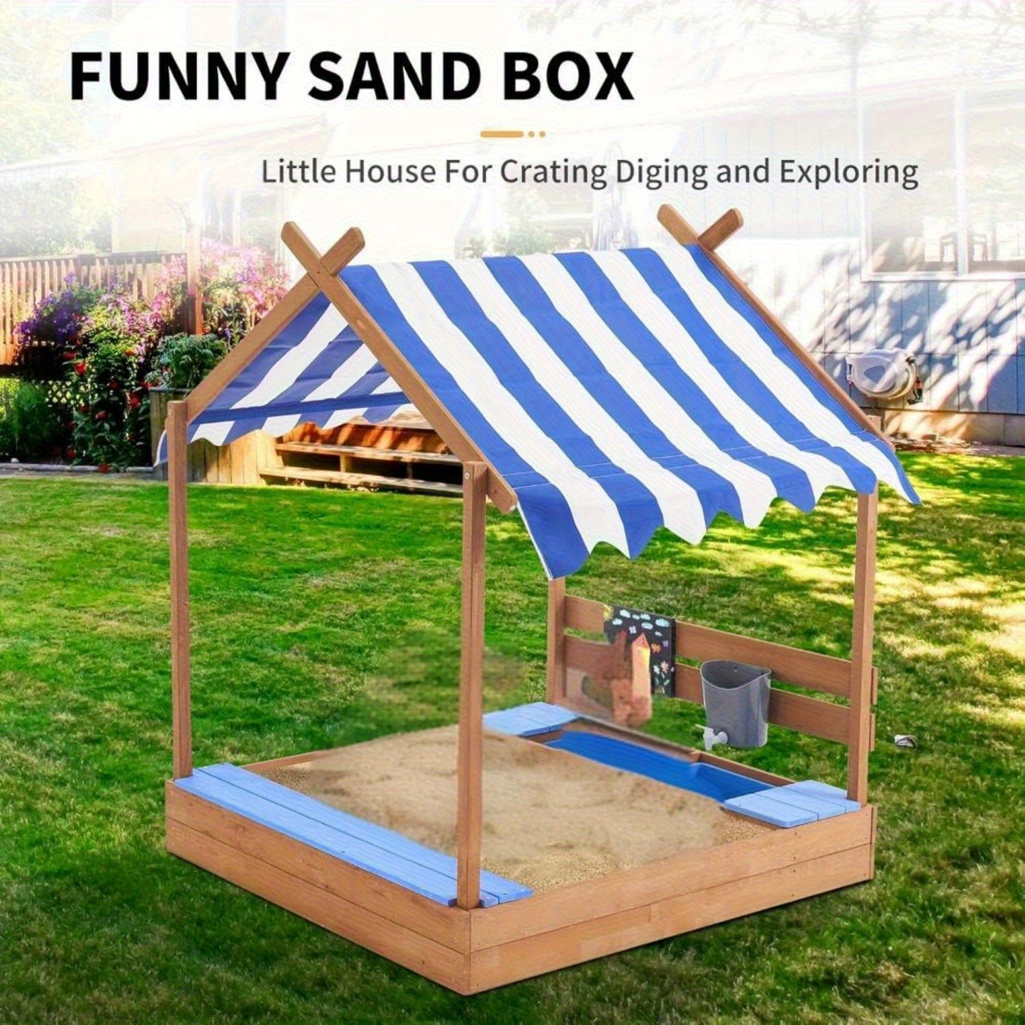 49 Inch Sandbox With Canopy And Playhouse Outdoor Kit
