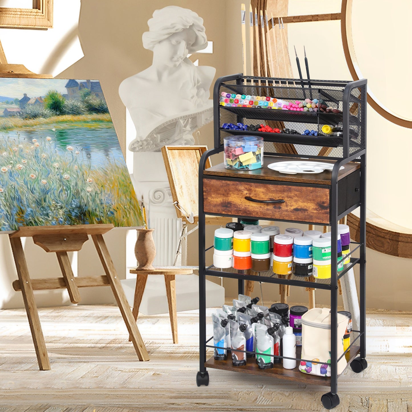 6 Tier Metal and Wood Rolling Utility Cart with Drawer