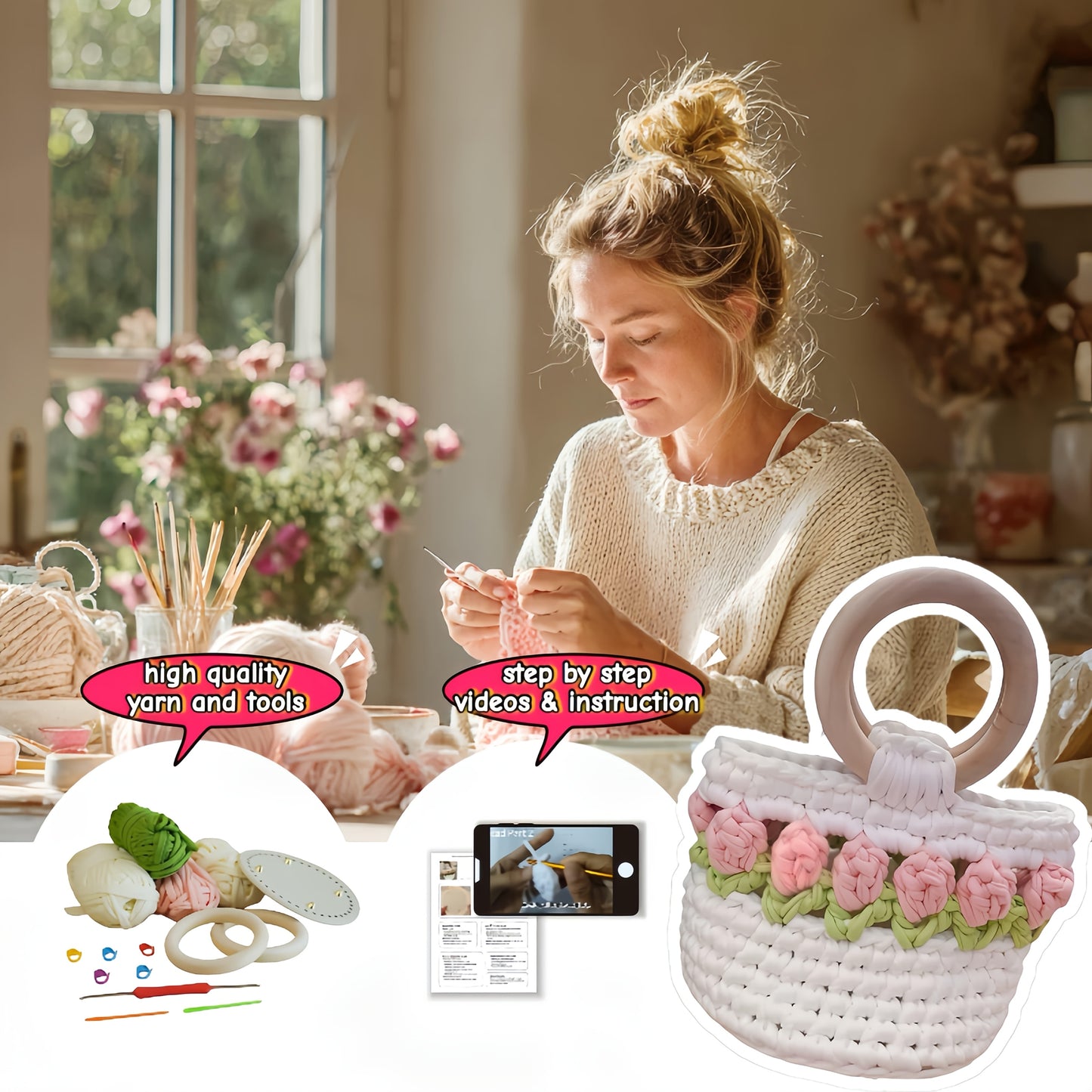 Tulip Crochet Handbag Kit With Wooden Handles And Yarn