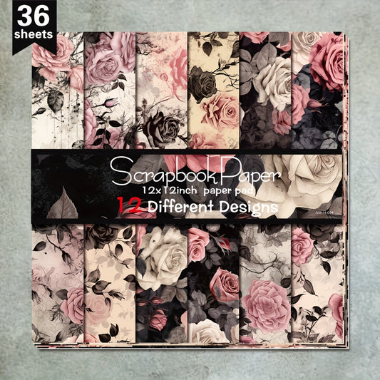 36 Sheets 12x12 Scrapbook Paper Pack Black and Blue Flower Design for Scrapbooking and Gift Wrapping