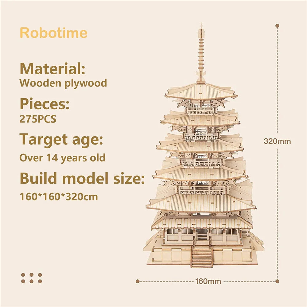 Robotime Rolife 275 Piece DIY 3D Wooden Pagoda Puzzle Toy