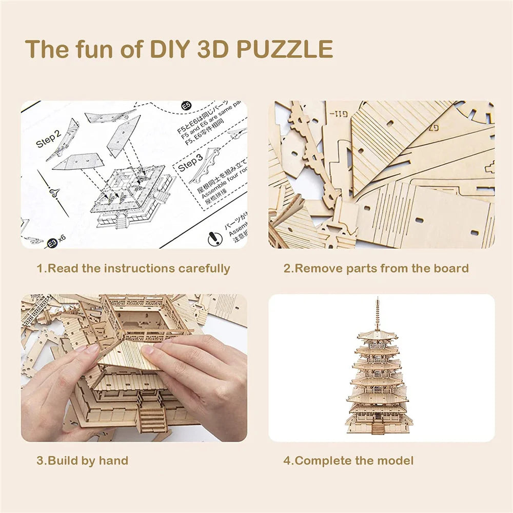 Robotime Rolife 275 Piece DIY 3D Wooden Pagoda Puzzle Toy