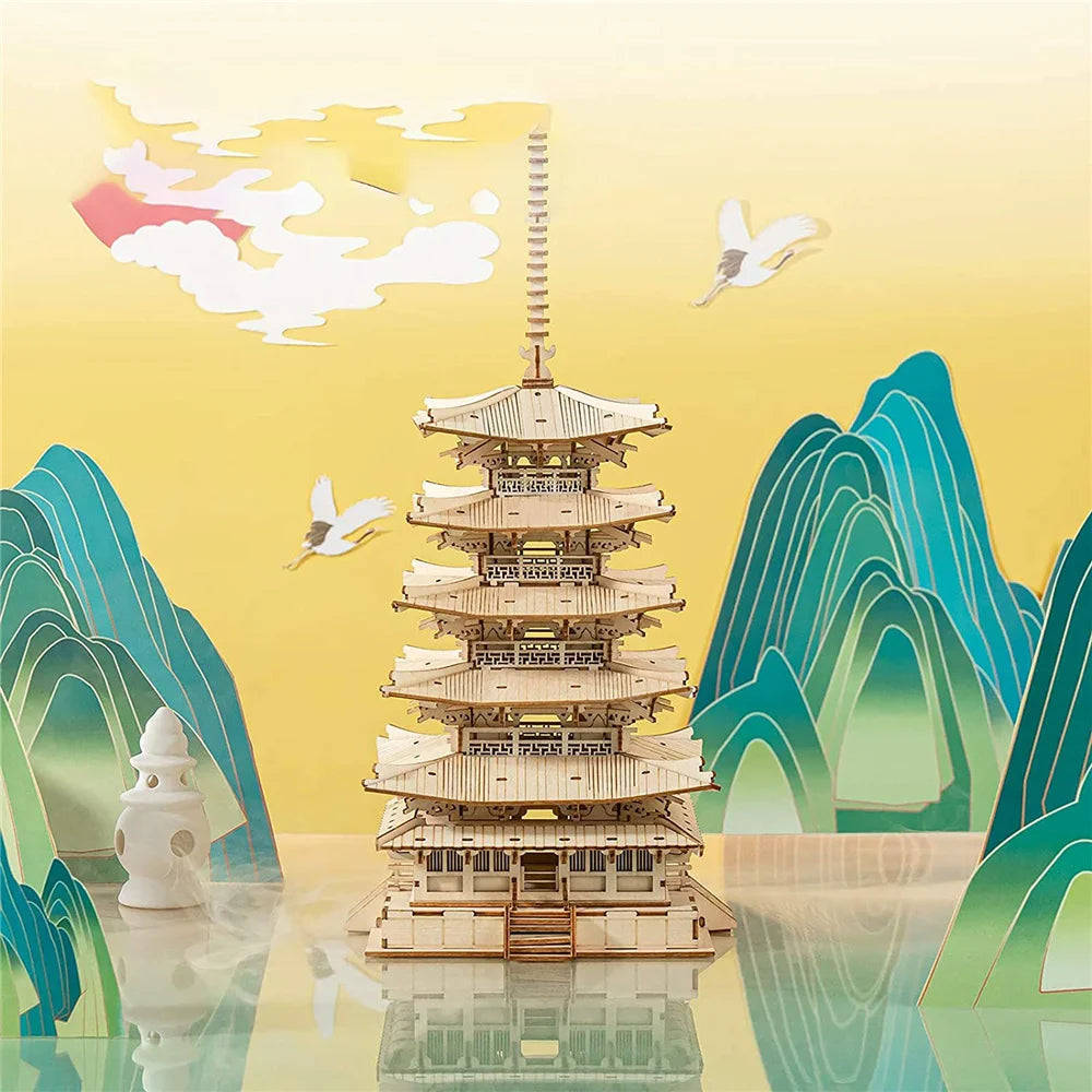 Robotime Rolife 275 Piece DIY 3D Wooden Pagoda Puzzle Toy