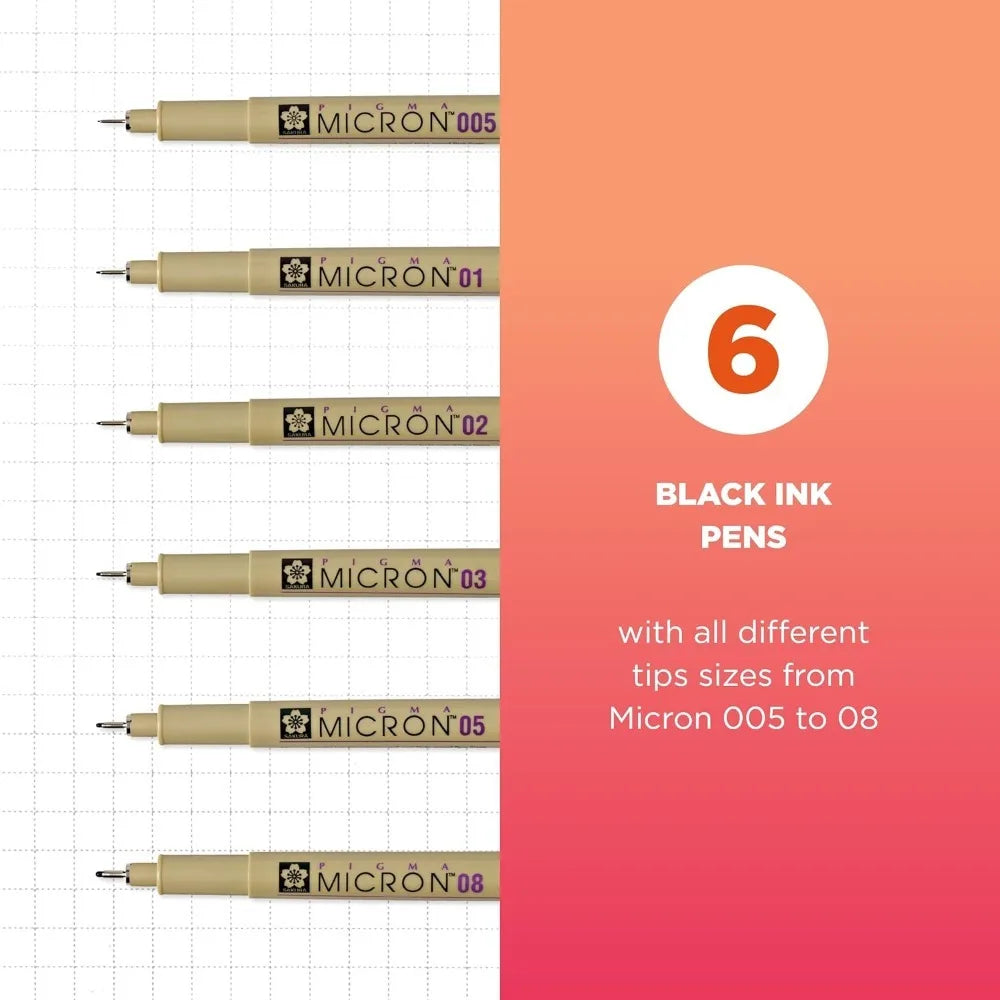 Sakura Pigma Micron Fineliners Set of 6 Black Archival Pens