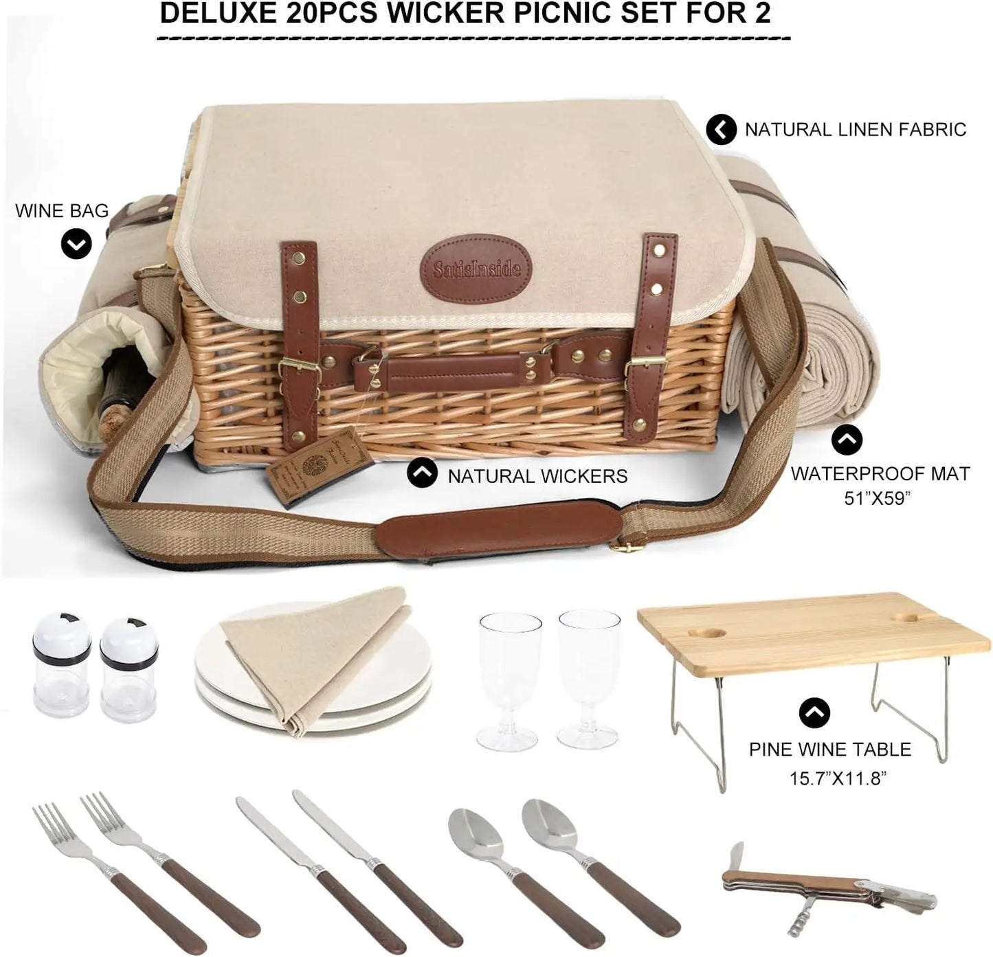 Multifunctional Wicker Picnic Basket Set for Two with Blanket