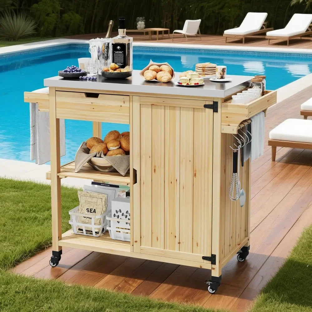 Solid Wood Outdoor Grill Cart With Stainless Top And Storage