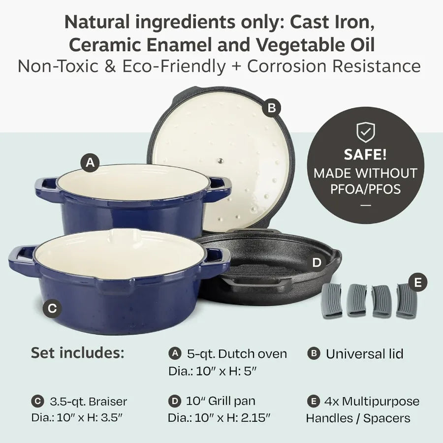 5 Piece Stackable Cast Iron Cookware Set Enamel Dutch Oven