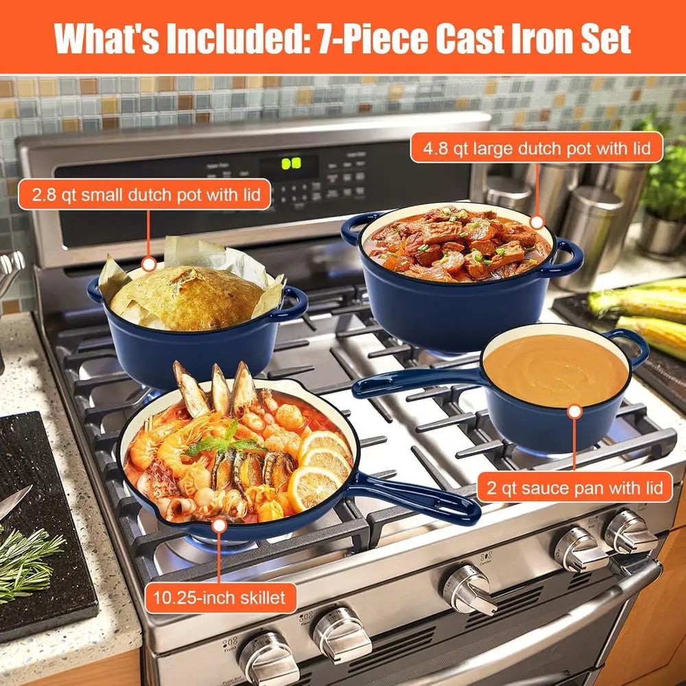 7 Piece Enameled Cast Iron Cookware Set Navy Lids Dutch Oven