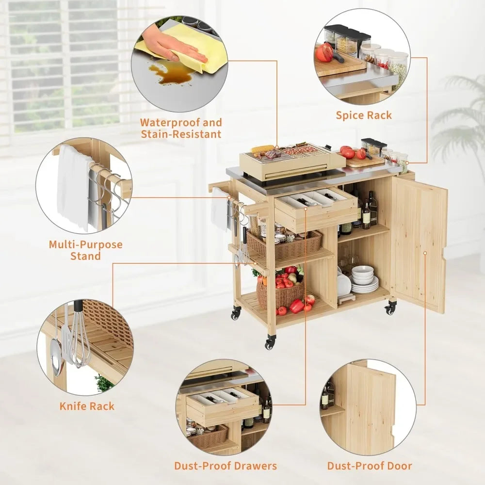 Solid Wood Outdoor Grill Cart With Stainless Top And Storage