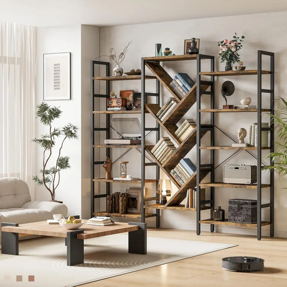 Tall Wood Bookcase With Metal Frame 5 Tier 17 Shelves