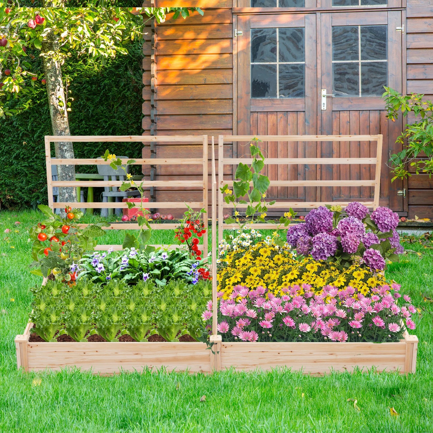 Wooden U-Shaped Raised Garden Bed Planter Box with Trellis