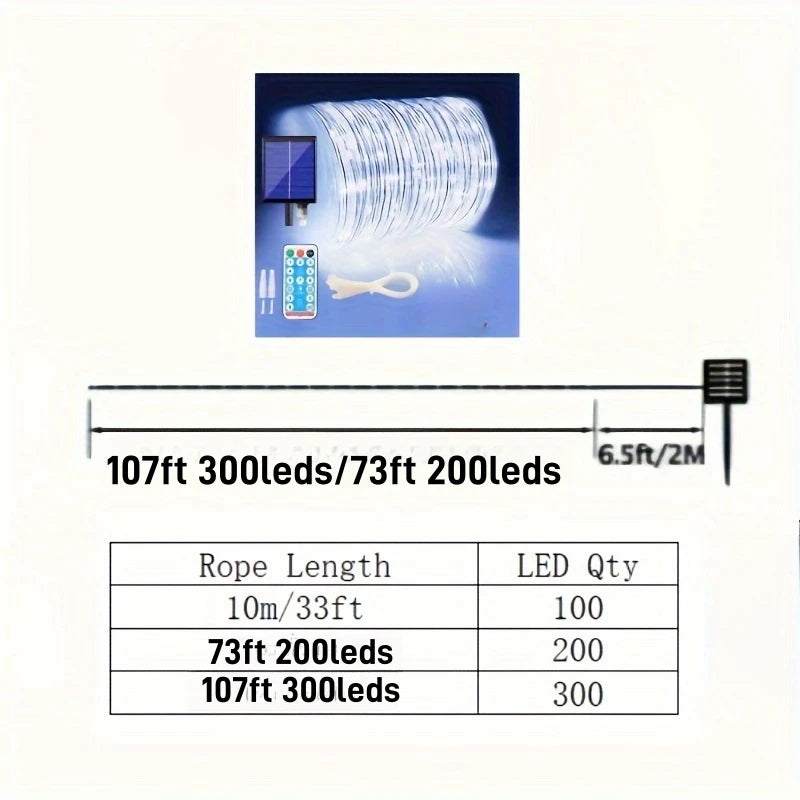 Solar Rope Lights 107ft 300LED Waterproof Outdoor String Lights
