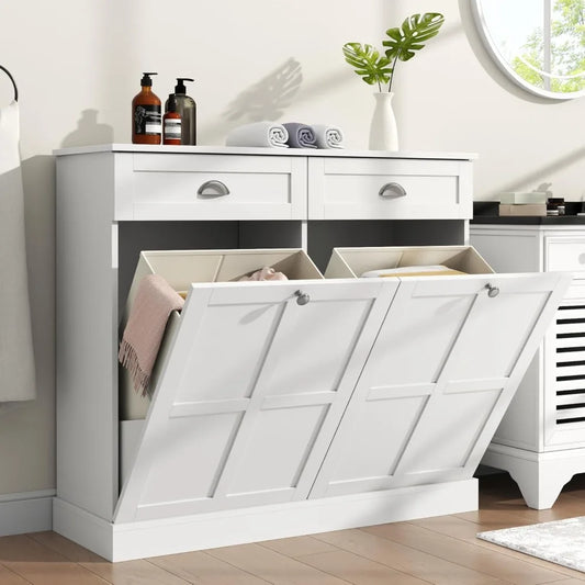 Double Tilt Out Laundry Hamper Cabinet With 2 Drawers And 2 Baskets 30 Gallon Bathroom Storage