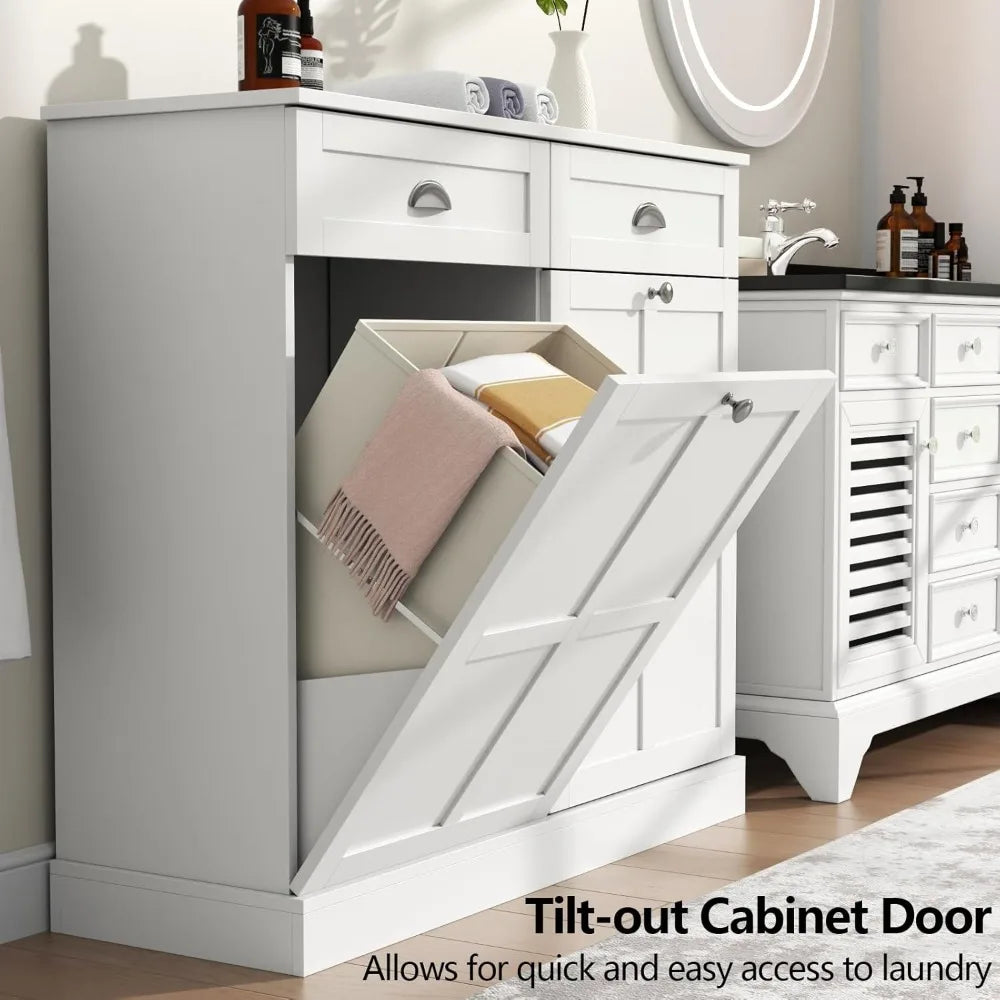 Double Tilt Out Laundry Hamper Cabinet With 2 Drawers And 2 Baskets 30 Gallon Bathroom Storage