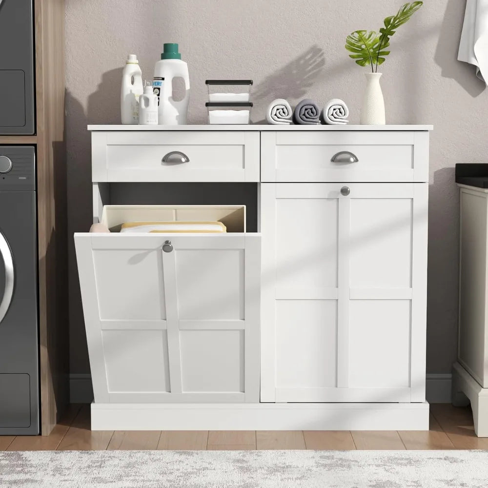 Double Tilt Out Laundry Hamper Cabinet With 2 Drawers And 2 Baskets 30 Gallon Bathroom Storage