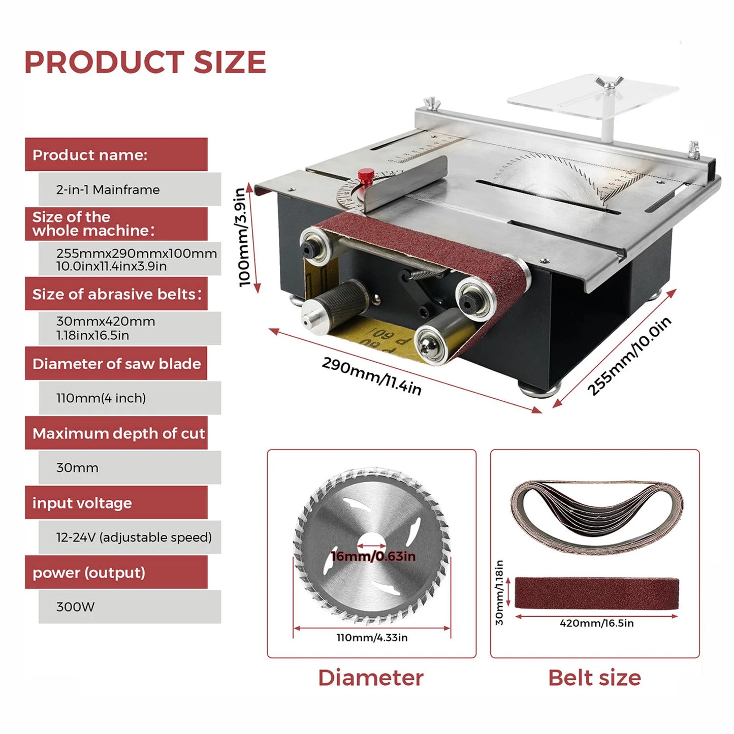 Mini Table Saw Sanding Belt Machine with Dual Motor Control