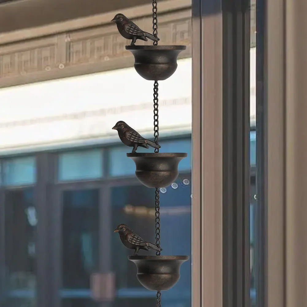 8 Feet Metal Rain Chain with Bird Cups for Outdoor Decor