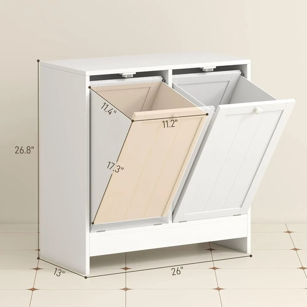 Modern Two Compartment Laundry Hamper Cabinet White for Bathroom and Laundry Room