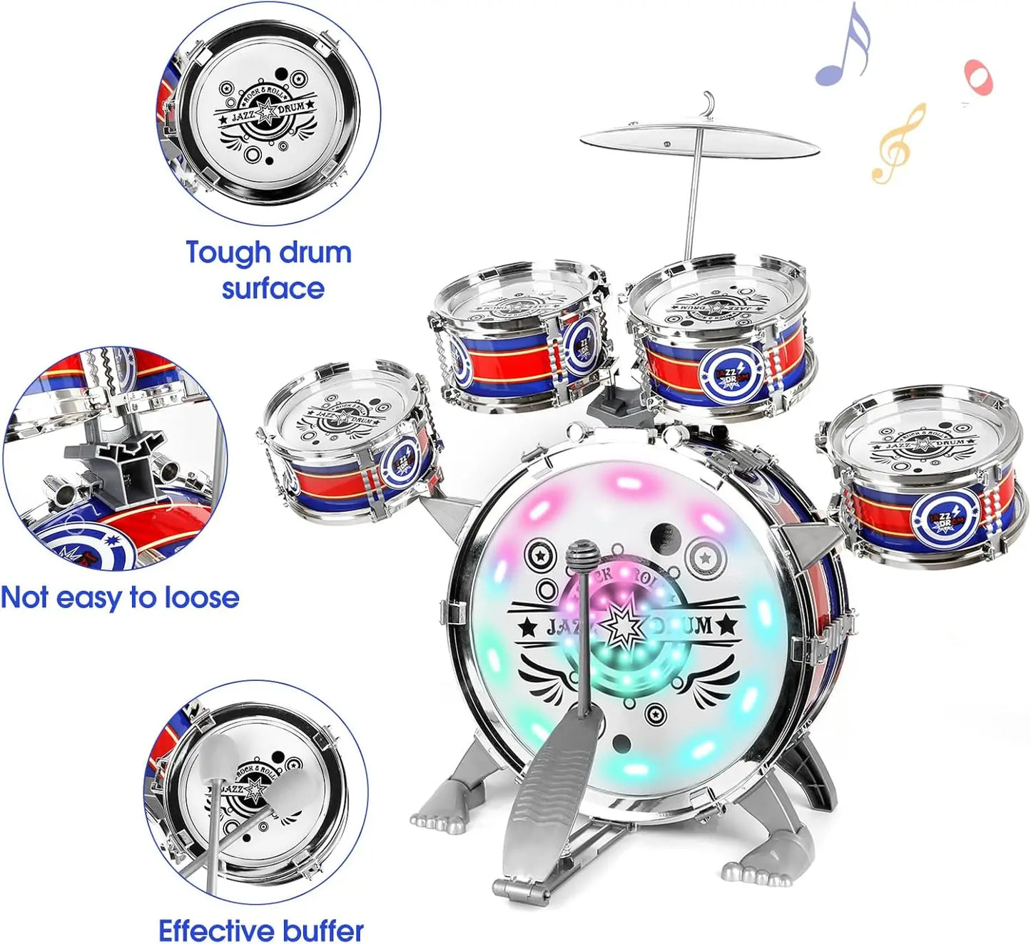 Mini Jazz Drum Set with Stool for Beginners Kids 6 Drums LED