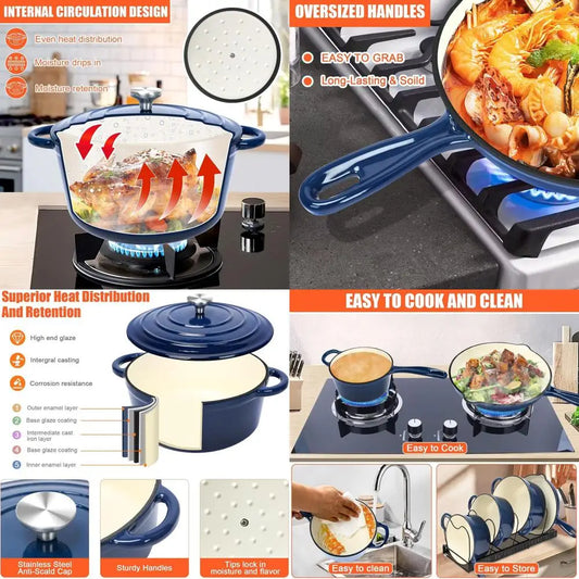 7 Piece Enameled Cast Iron Cookware Set Navy Lids Dutch Oven