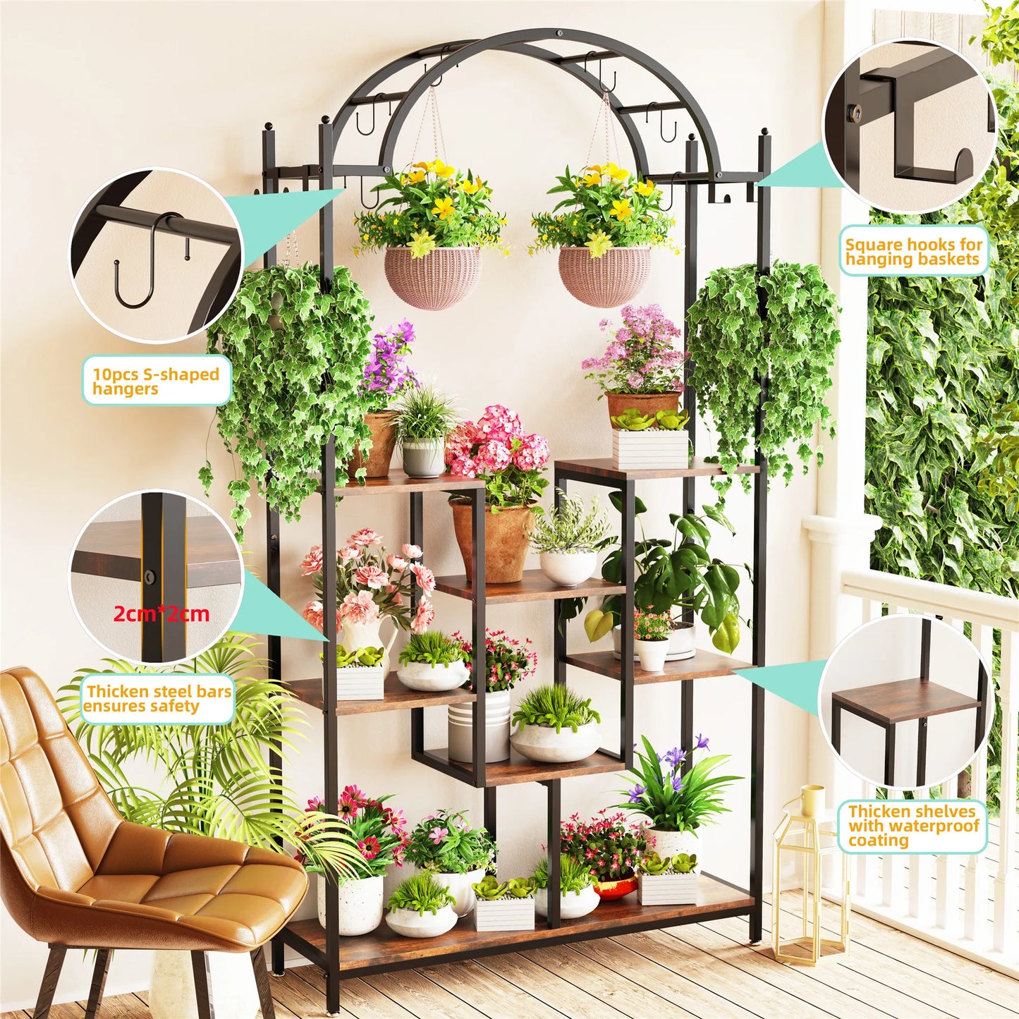 5-Tier Tall Indoor Plant Stand with Arched Metal Design