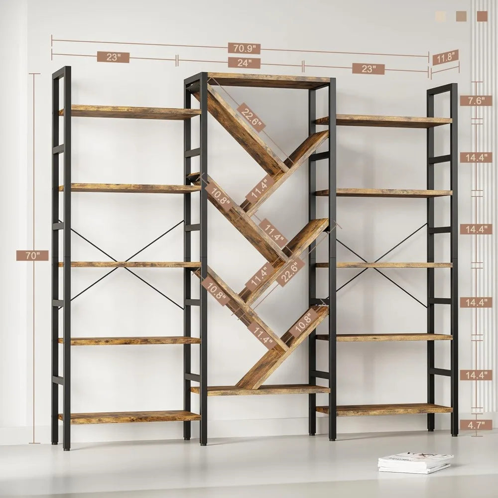 Tall Wood Bookcase With Metal Frame 5 Tier 17 Shelves