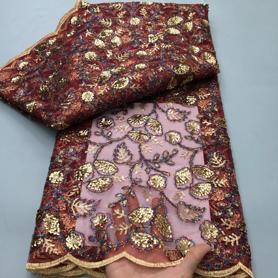 Luxury African Sequins Beaded Lace Fabric for Weddings