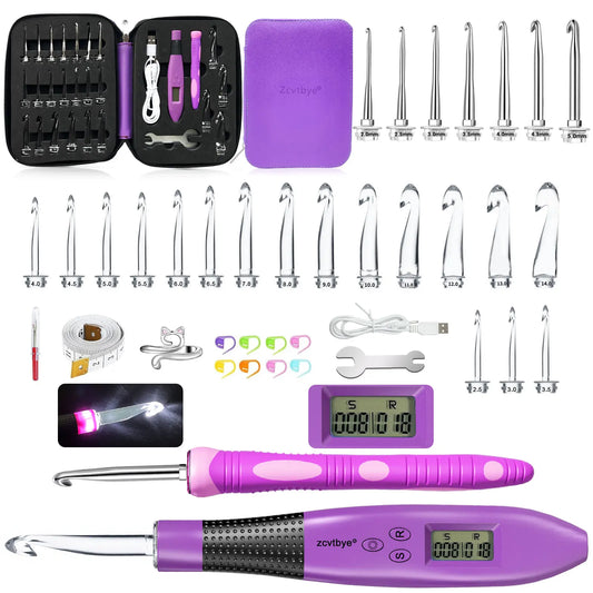 24PCS Ergonomic Crochet Hook Set with LED Light and Counter