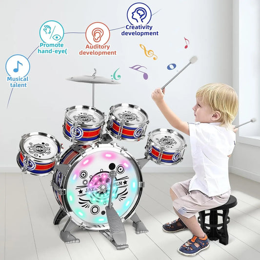 Mini Jazz Drum Set with Stool for Beginners Kids 6 Drums LED