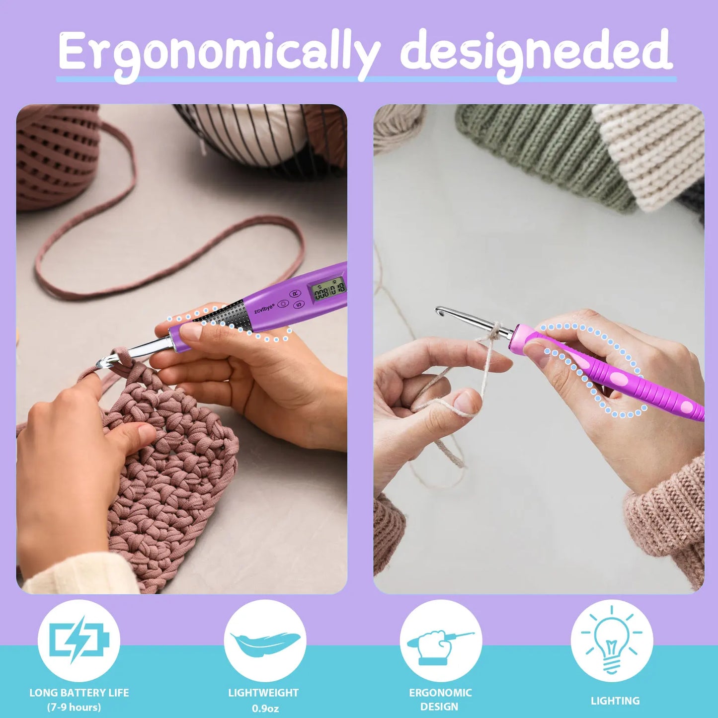 24PCS Ergonomic Crochet Hook Set with LED Light and Counter