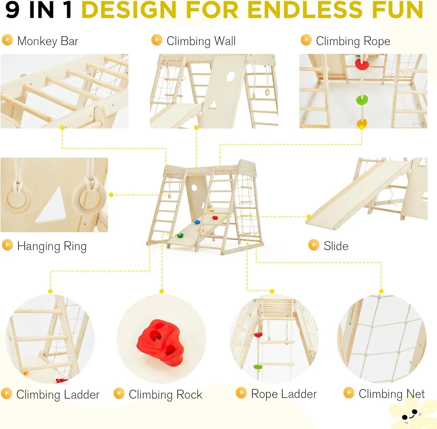 9 in 1 Indoor Jungle Gym for Kids Climbing Wall and Slide