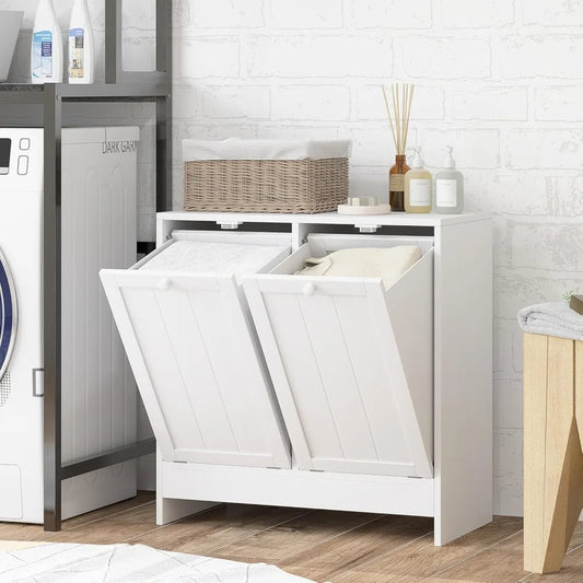 Modern Two Compartment Laundry Hamper Cabinet White for Bathroom and Laundry Room
