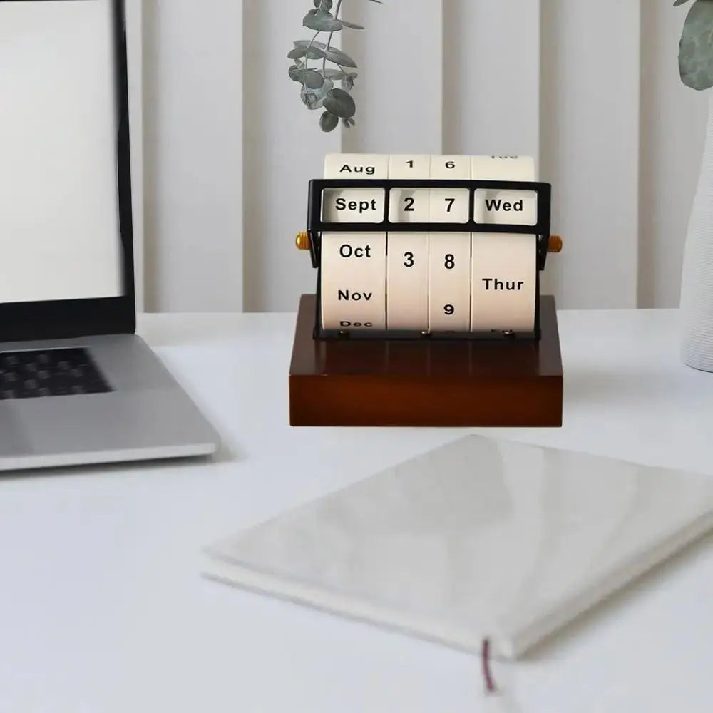 Wooden Perpetual Rotary Calendar Desktop Gift Daily Flip