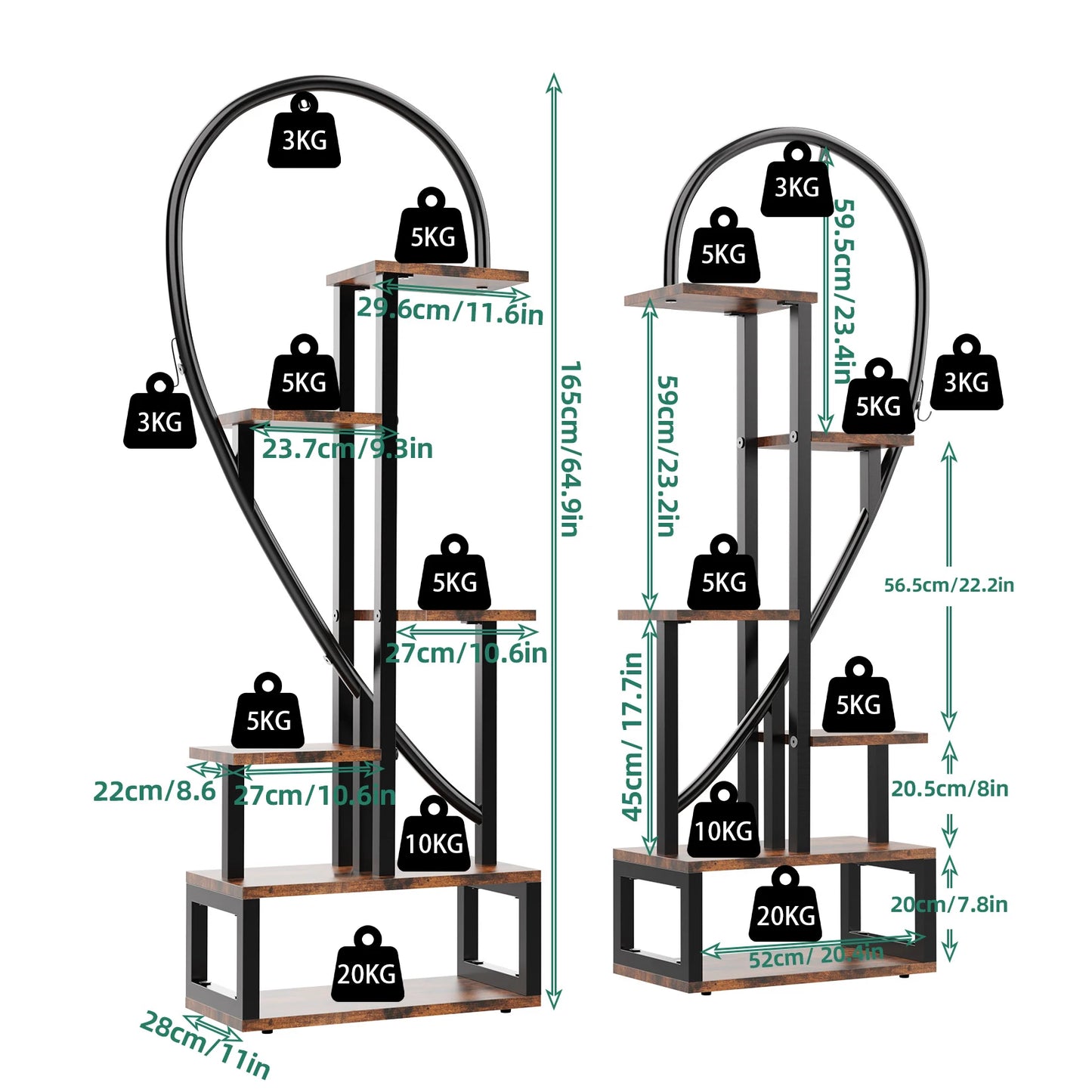 6 Tier Heart Shaped Wood and Metal Plant Stand Storage Shelf
