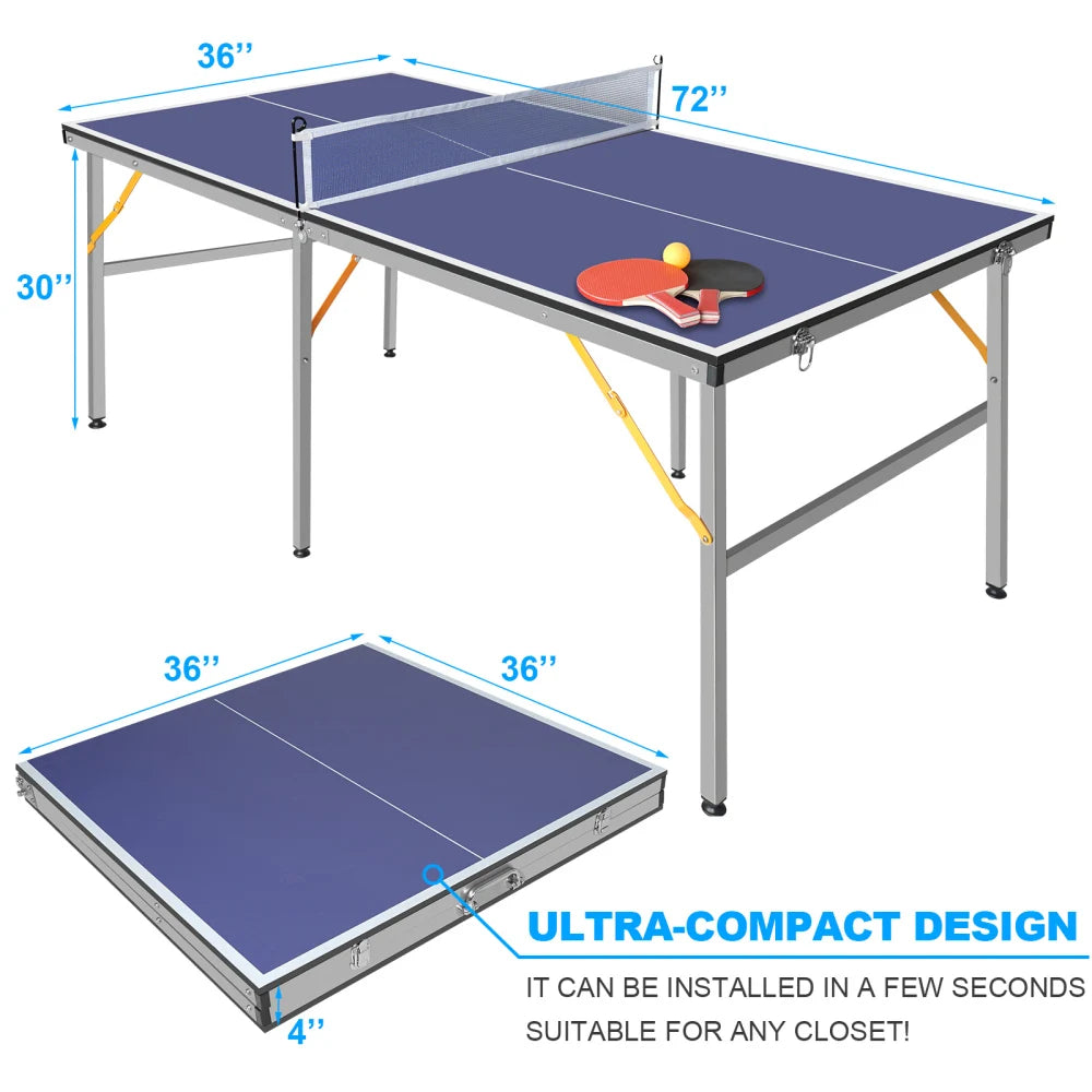 6ft Foldable Mid Size Portable Ping Pong Table Set Complete
