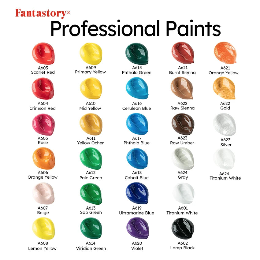 Fantastory 28 Classic Colors Acrylic Paint Set With 12 Brushes