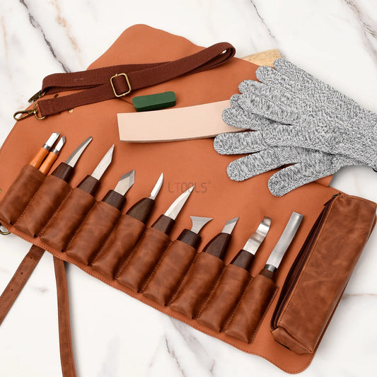 Deluxe Wood Carving Kit With Leather Roll And Chisels