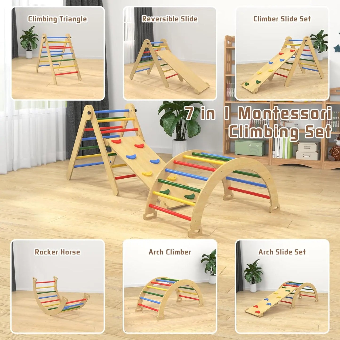 Wooden Montessori 7 In 1 Foldable Pikler Climber Toy