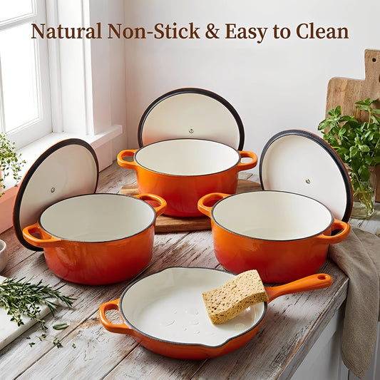 Enameled Cast Iron Set 4 Piece Dutch Ovens and Skillet