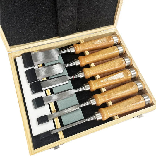 8 Piece Practical Woodworking Chisel Set Flat Chisel Alloy Head Beech Handle Carving Tools