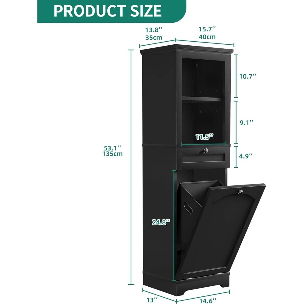 Tall 53 Inch Hidden Laundry Hamper Cabinet With Drawer In Black And Bathroom Storage Shelf