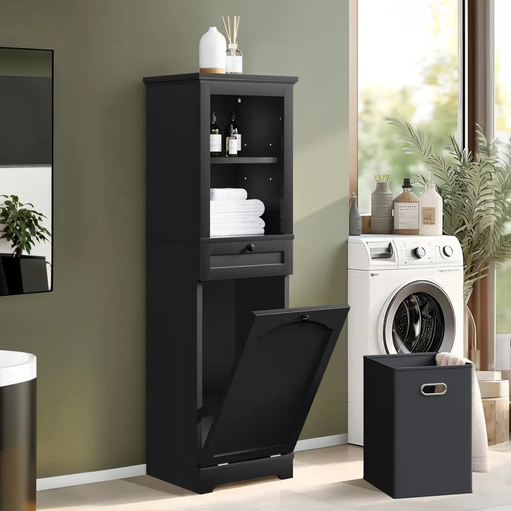 Tall 53 Inch Hidden Laundry Hamper Cabinet With Drawer In Black And Bathroom Storage Shelf