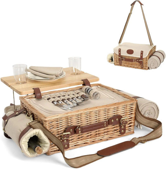 Multifunctional Wicker Picnic Basket Set for Two with Blanket