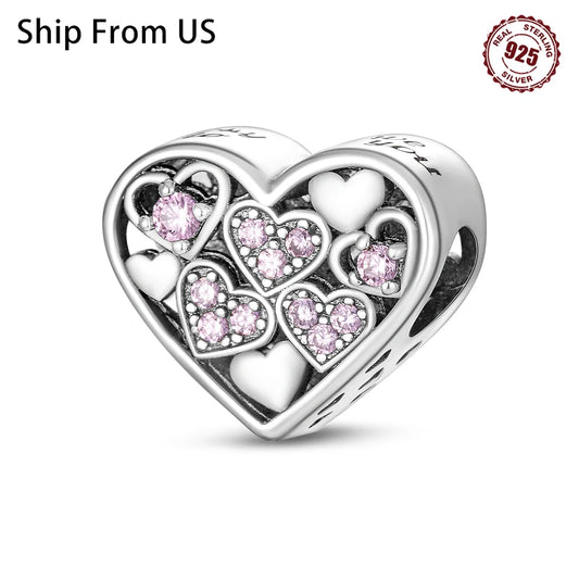 925 Sterling Silver Heart Shaped Charms Beads for Pandora Bracelets